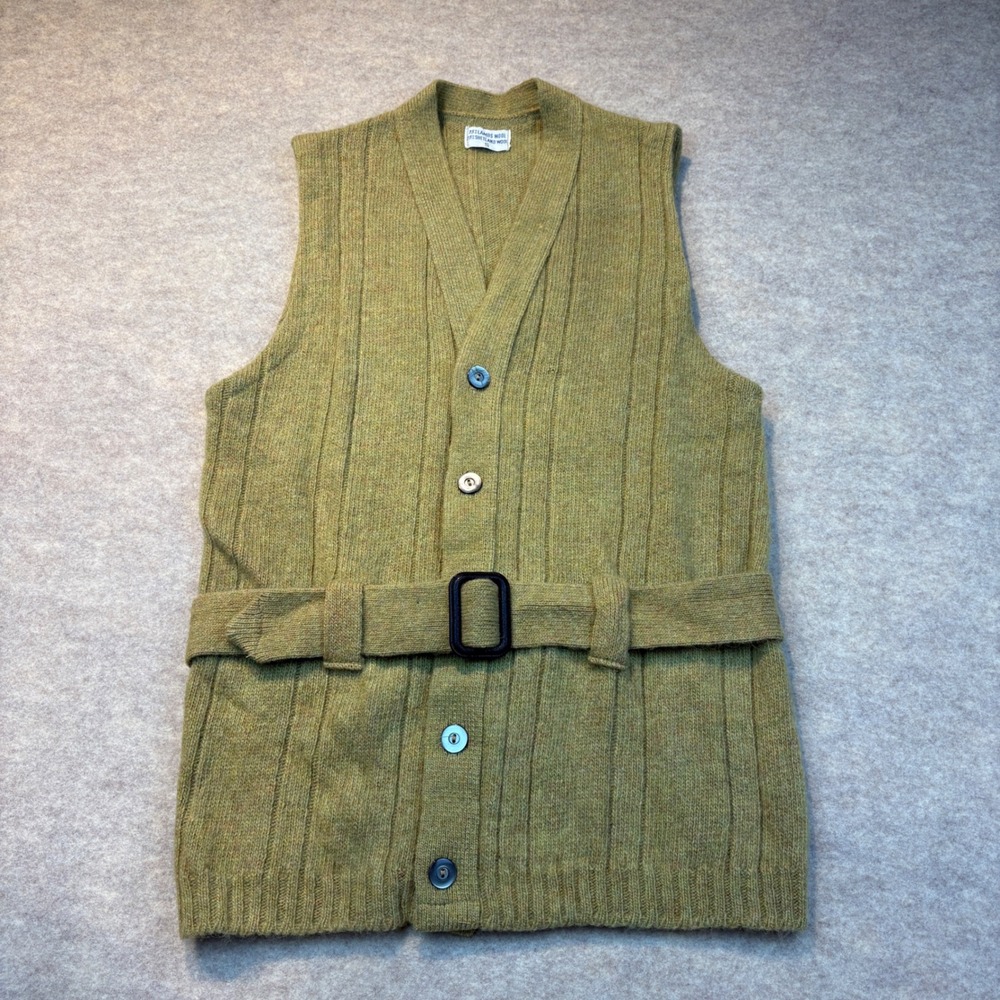 Vintage 1960s Lambswool Shetland Wool Knit Belted Vest Olive Green Small